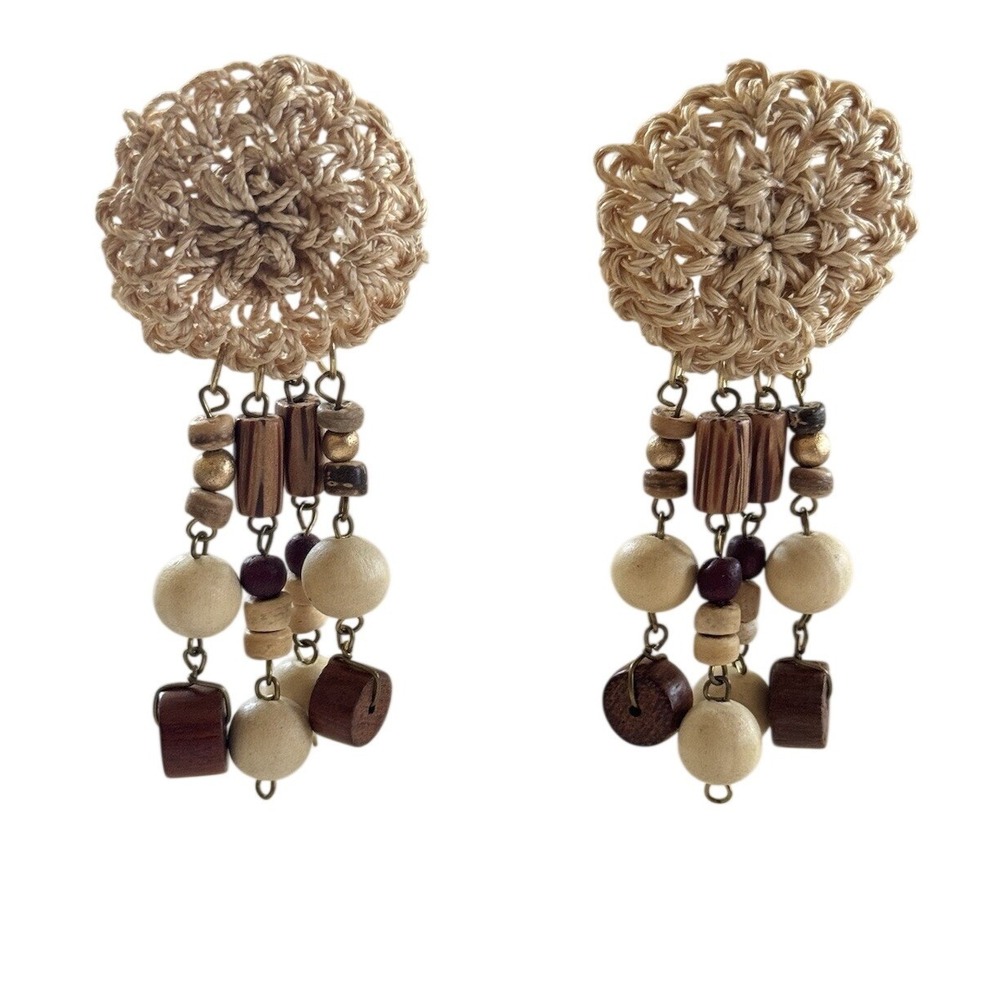VTG Wood Earrings Earthy Statement Dangle Costume Jewelry Pierced 70s Retro